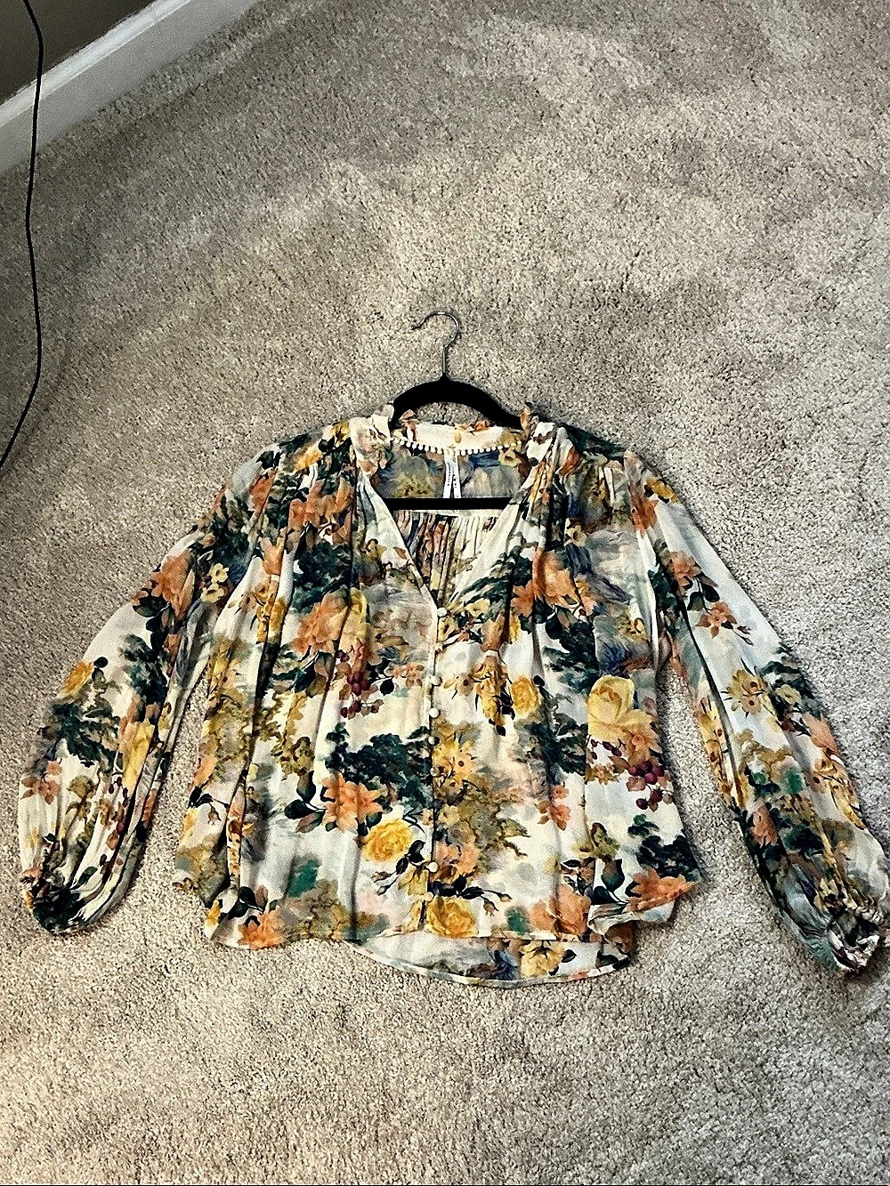 Anthropologie Floral Blouse in Cream & Blue Size Small